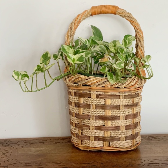 Vintage Woven Wicker Handle Basket Planter Pot